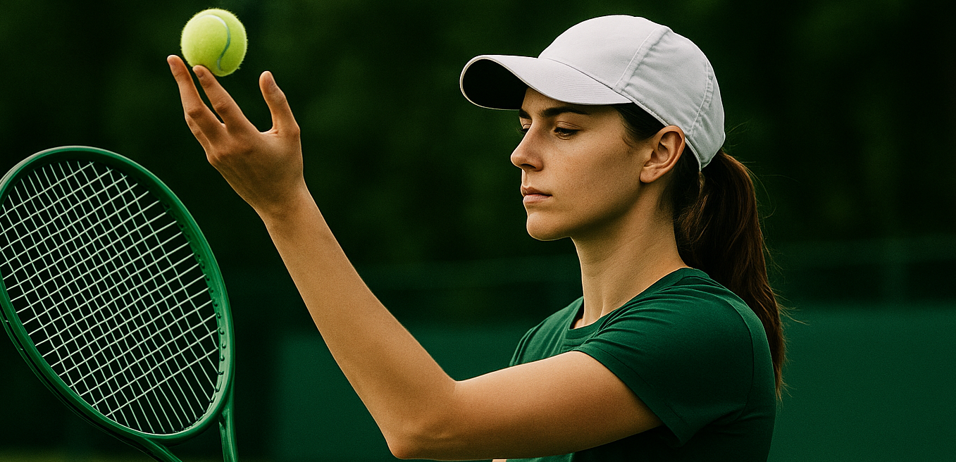 Woman preparing to serve a tennis ball on a tennis court